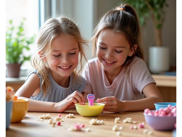 親子が一緒に笑顔で化粧品を混ぜている楽しそうな風景